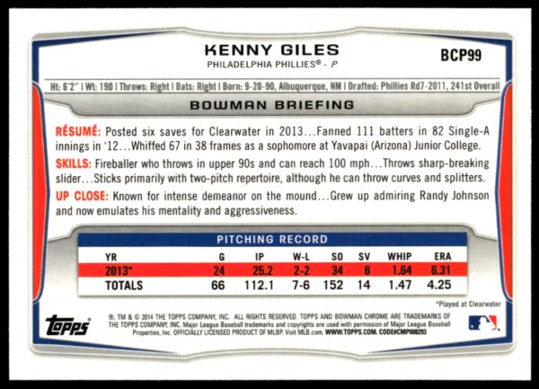 2014 Bowman Chrome Kenny Giles Prospects #BCP99 (Back)