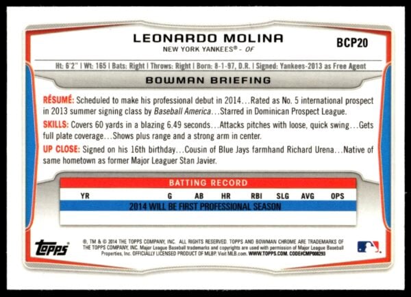 2014 Bowman Chrome Leonardo Molina Prospects #BCP20 (Back)