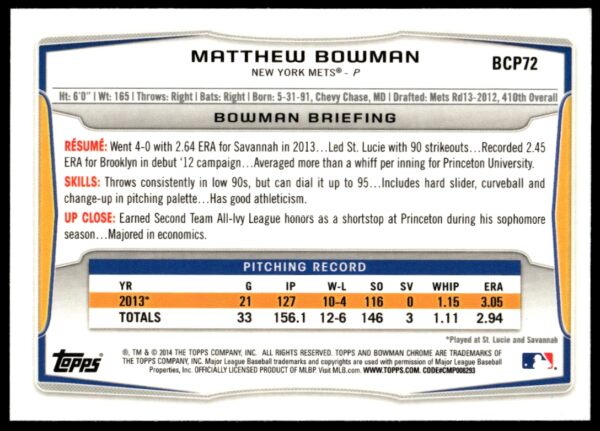 2014 Bowman Chrome Matthew Bowman Prospects #BCP72 (Back)