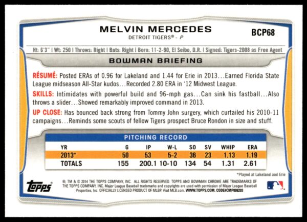 2014 Bowman Chrome Melvin Mercedes Prospects #BCP68 (Back)