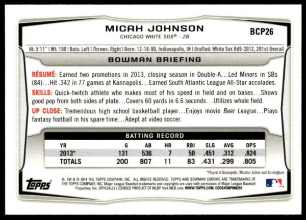 2014 Bowman Chrome Micah Johnson Prospects #BCP26 (Back)