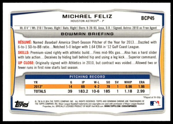 2014 Bowman Chrome Michael Feliz Prospects #BCP45 (Back)