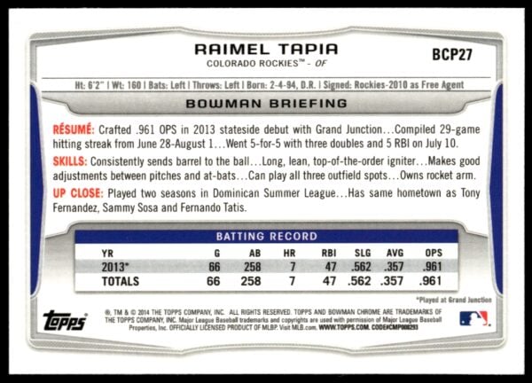 2014 Bowman Chrome Raimel Tapia Prospects #BCP27 (Back)