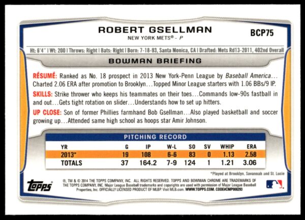 2014 Bowman Chrome Robert Gsellman Prospects #BCP75 (Back)