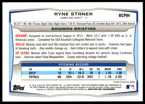 2014 Bowman Chrome Ryne Stanek Prospects #BCP84 (Back)