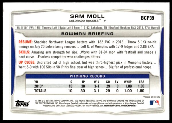 2014 Bowman Chrome Sam Moll Prospects #BCP39 (Back)