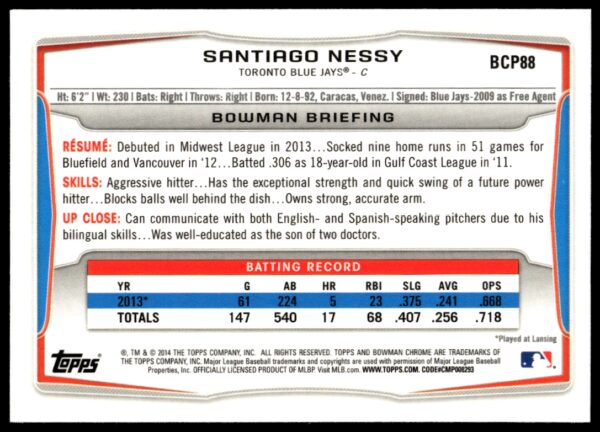 2014 Bowman Chrome Santiago Nessy Prospects #BCP88 (Back)