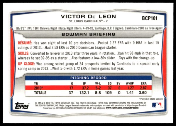 2014 Bowman Chrome Victor De Leon Prospects #BCP101 (Back)