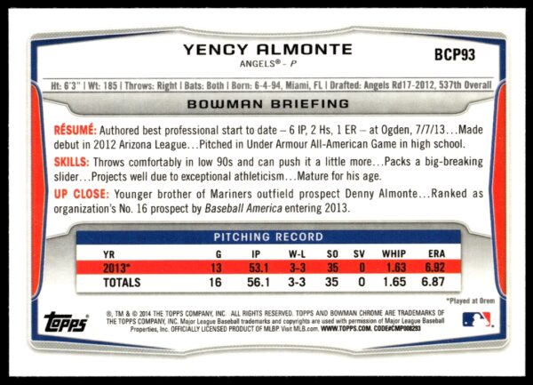 2014 Bowman Chrome Yency Almonte Prospects #BCP93 (Back)