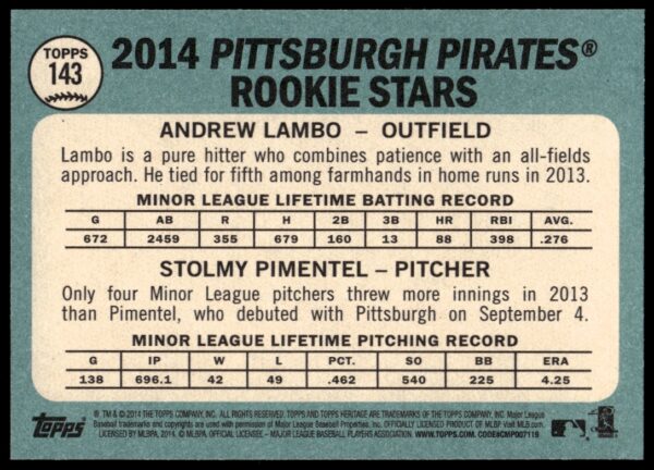 2014 Topps Heritage Andrew Lambo / Stolmy Pimentel #143 (Back)