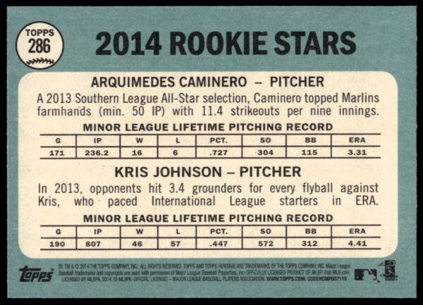 2014 Topps Heritage Arquimedes Caminero / Kris Johnson #286 (Back)