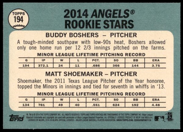 2014 Topps Heritage Buddy Boshers / Matt Shoemaker #194 (Back)