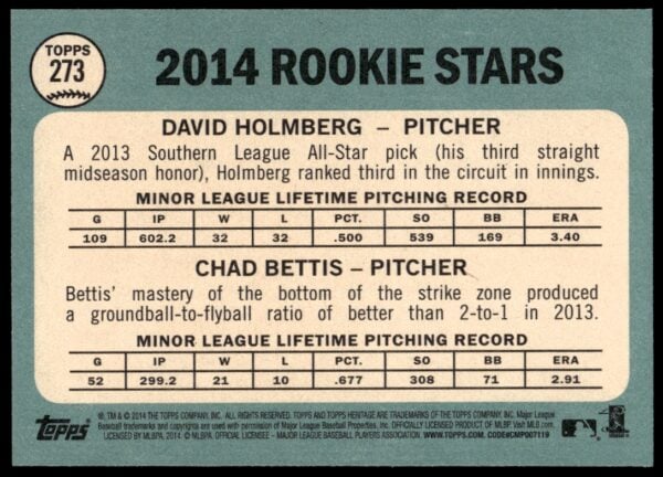 2014 Topps Heritage Chad Bettis / David Holmberg #273 (Back)