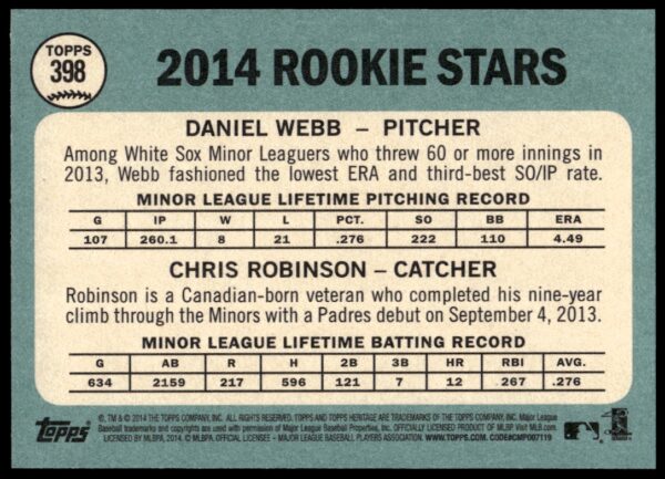 2014 Topps Heritage Daniel Webb / Chris Robinson #398 (Back)