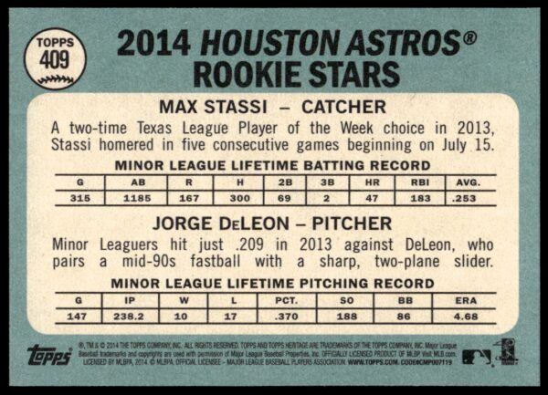 2014 Topps Heritage Jorge DeLeon / Max Stassi #409 (Back)