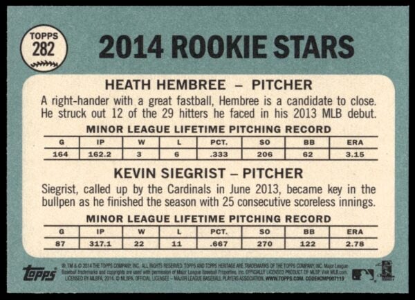 2014 Topps Heritage Kevin Siegrist / Heath Hembree #282 (Back)