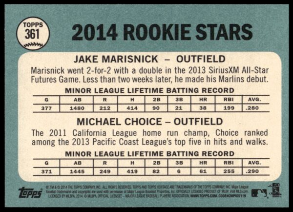 2014 Topps Heritage Michael Choice / Jake Marisnick #361 (Back)