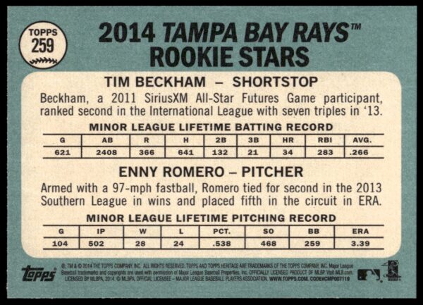 2014 Topps Heritage Tim Beckham / Enny Romero #259 (Back)