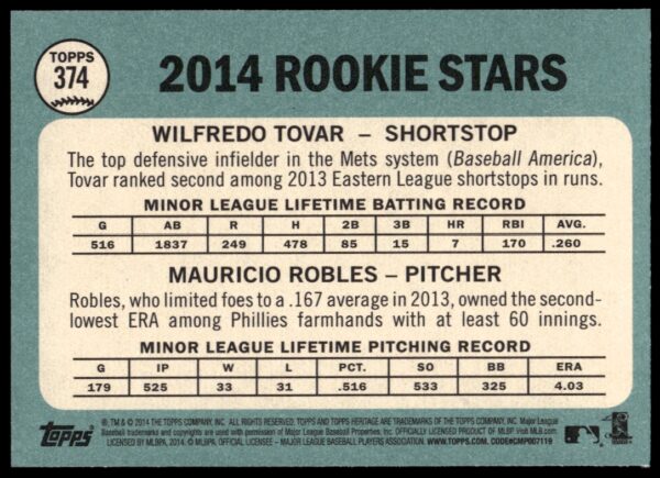 2014 Topps Heritage Wilfredo Tovar/ Mauricio Robles #374 (Back)