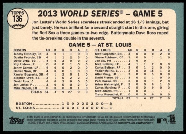 2014 Topps Heritage World Series Game 5 : Jon Lester #136 (Back)