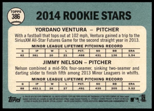 2014 Topps Heritage Yordano Ventura / Jimmy Nelson #386 (Back)