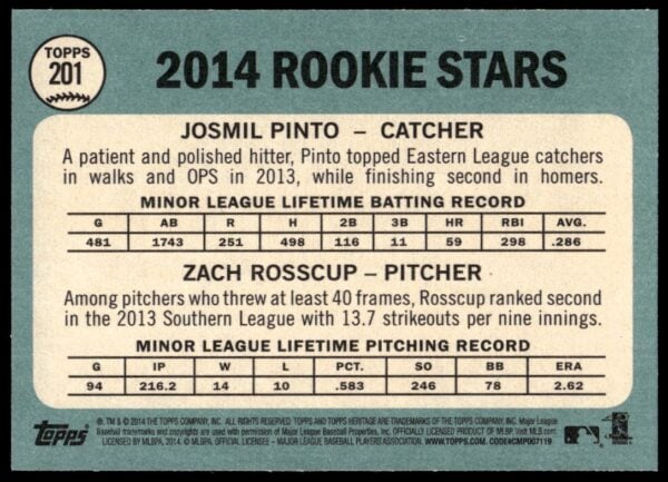 2014 Topps Heritage Zach Rosscup / Josmil Pinto #201 (Back)