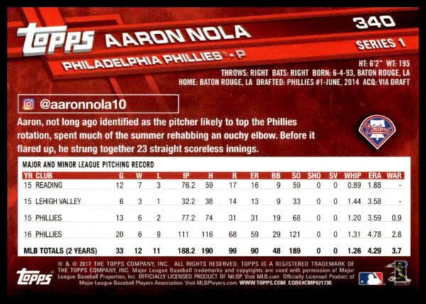 2017 Topps Series 1 Aaron Nola #340 (Back)