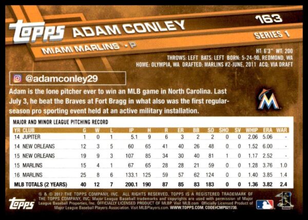 2017 Topps Series 1 Adam Conley #163 (Back)