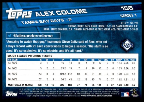 2017 Topps Series 1 Alex Colome #156 (Back)