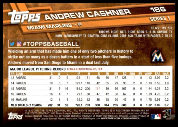 2017 Topps Series 1 Andrew Cashner #186 (Back)