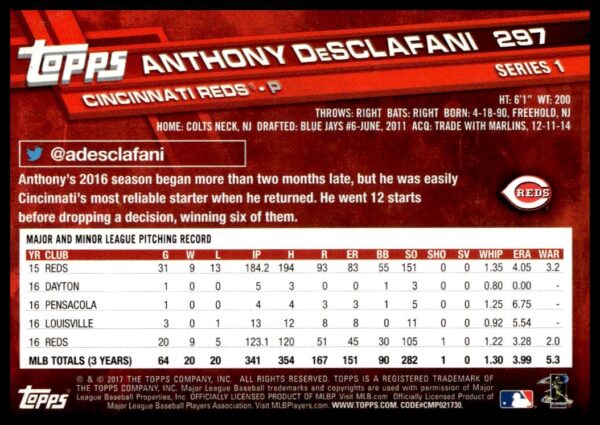 2017 Topps Series 1 Anthony DeSclafani #297 (Back)