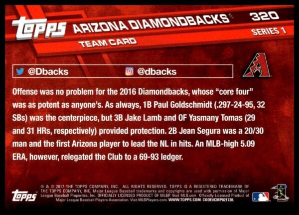 2017 Topps Series 1 Arizona Diamondbacks #320 (Back)