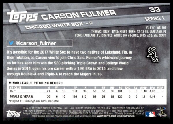 2017 Topps Series 1 Carson Fulmer #33 (Back)