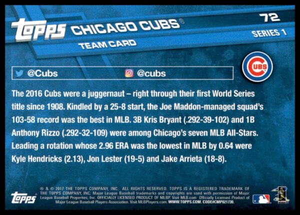 2017 Topps Series 1 Chicago Cubs #72 (Back)