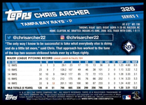 2017 Topps Series 1 Chris Archer #326 (Back)