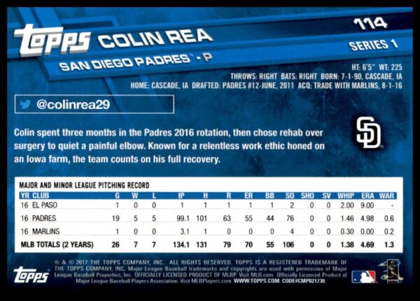 2017 Topps Series 1 Colin Rea #114 (Back)