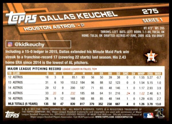 2017 Topps Series 1 Dallas Keuchel #275 (Back)