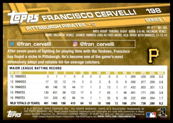 2017 Topps Series 1 Francisco Cervelli #198 (Back)