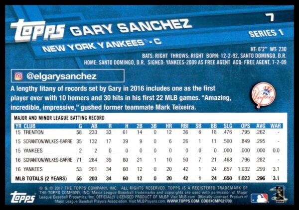 2017 Topps Series 1 Gary Sanchez #7 (Back)