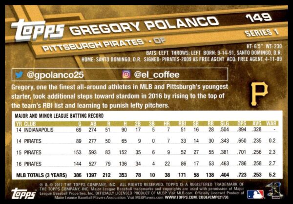 2017 Topps Series 1 Gregory Polanco #149 (Back)