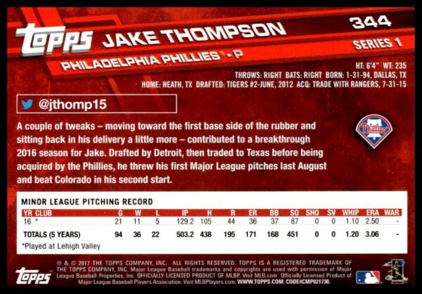 2017 Topps Series 1 Jake Thompson #344 (Back)