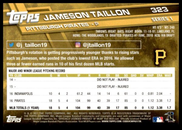 2017 Topps Series 1 Jameson Taillon #323 (Back)