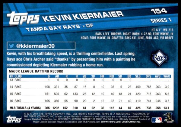 2017 Topps Series 1 Kevin Kiermaier #154 (Back)