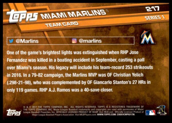 2017 Topps Series 1 Miami Marlins #217 (Back)