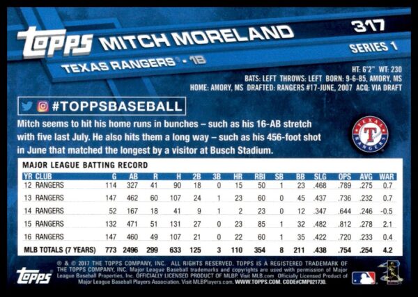 2017 Topps Series 1 Mitch Moreland #317 (Back)