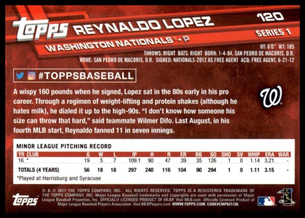 2017 Topps Series 1 Reynaldo Lopez #120 (Back)