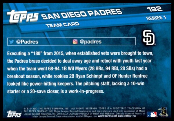 2017 Topps Series 1 San Diego Padres #192 (Back)