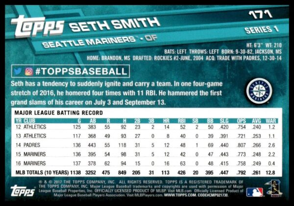 2017 Topps Series 1 Seth Smith #171 (Back)