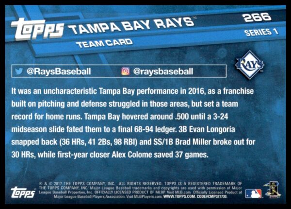 2017 Topps Series 1 Tampa Bay Rays #266 (Back)