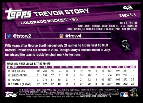 2017 Topps Series 1 Trevor Story #42 (Back)